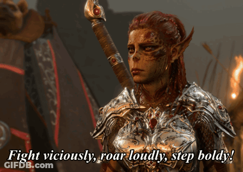 A Woman In Armor Holds A Sword And Says " Fight Viciously Roar Loudly Step Boldy " GIF