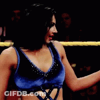 A Woman In Blue Shorts Is Standing In A Wrestling Ring With Another Woman GIF