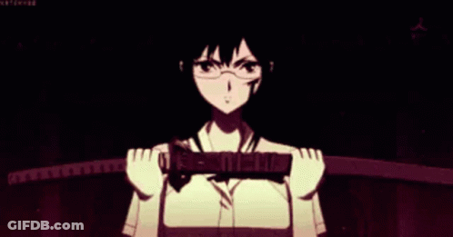 A Woman In Glasses Is Holding A Sword In Her Hands . GIF