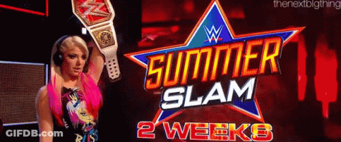 A Woman In Headphones Is Holding A Wrestling Championship Belt In Front Of A Sign That Says Summer Slam 2 Weeks . GIF