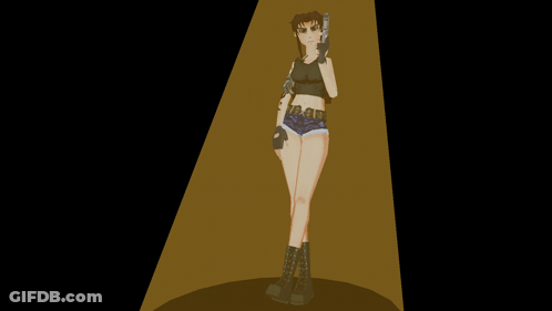 A Woman In Shorts Is Holding A Gun In A Spotlight GIF