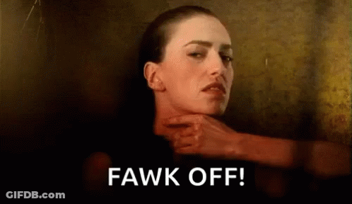 A Woman Is Being Choked By A Hand And The Words `` Fawk Off '' Are Written On The Bottom . GIF