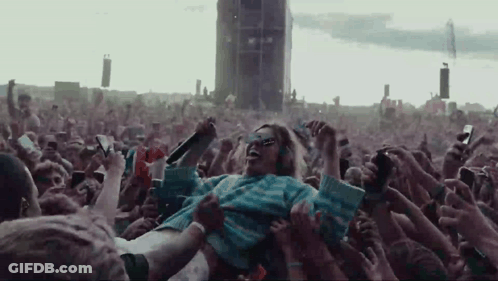 A Woman Is Being Lifted In The Air By A Crowd Of People At A Music Festival . GIF