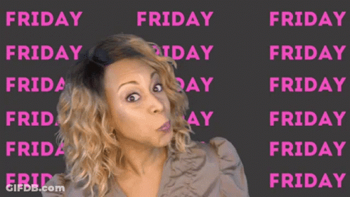 A Woman Is Blowing A Kiss In Front Of A Grid Of Friday Words GIF