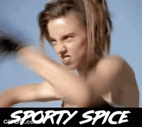 A Woman Is Boxing With The Words Sporty Spice Written On The Bottom GIF