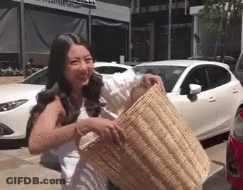 A Woman Is Carrying A Basket In Front Of A White Car . GIF