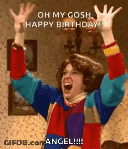 A Woman Is Celebrating Her Birthday With Her Arms In The Air And Screaming . GIF