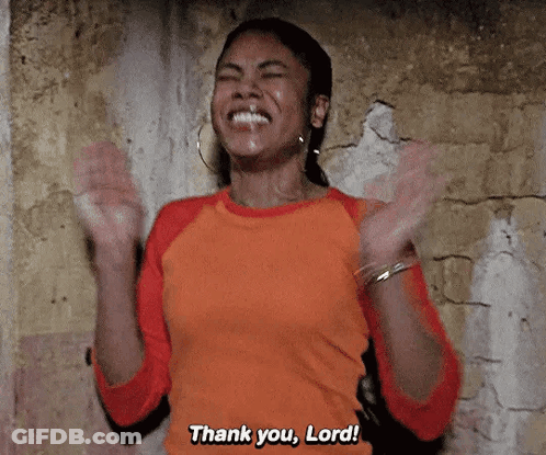 A Woman Is Clapping Her Hands And Saying Thank You Lord . GIF