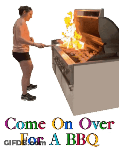 A Woman Is Cooking On A Grill With The Words Come On Over For A Bbq GIF