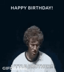 A Woman Is Covering Her Eyes With Her Hands And Saying `` Happy Birthday Little Brother '' . GIF