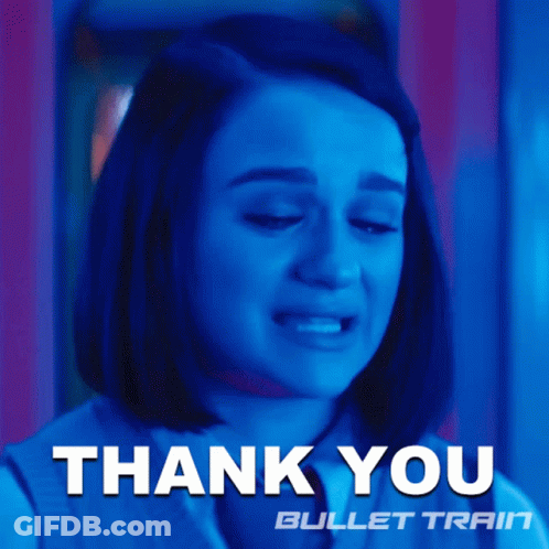 A Woman Is Crying And The Words Thank You Bullet Train Are Above Her GIF