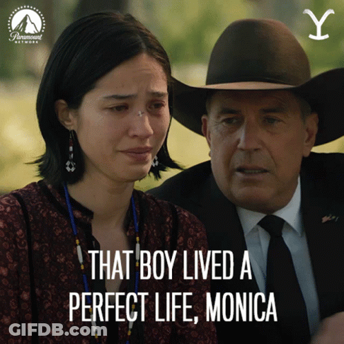 A Woman Is Crying Next To A Man In A Suit And Tie With The Words That Boy Lived A Perfect Life Monica On The Bottom GIF