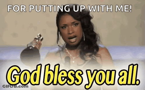 A Woman Is Crying While Holding A Microphone And Saying `` For Putting Up With Me ! God Bless You All '' . GIF