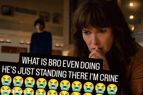 A Woman Is Crying While Holding A Sign That Says What Is Bro Even Doing GIF