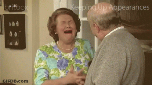 A Woman Is Crying While Standing Next To A Man With The Words " Keeping Up Appearances " In The Corner GIF