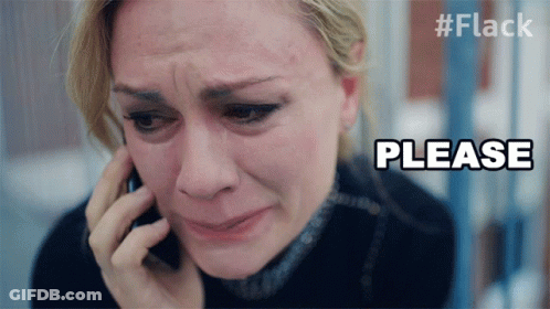 A Woman Is Crying While Talking On A Phone And The Word Please Is Above Her Head GIF