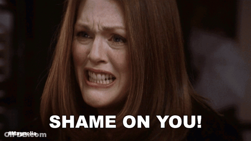 A Woman Is Crying With The Words Shame On You Written Below Her GIF