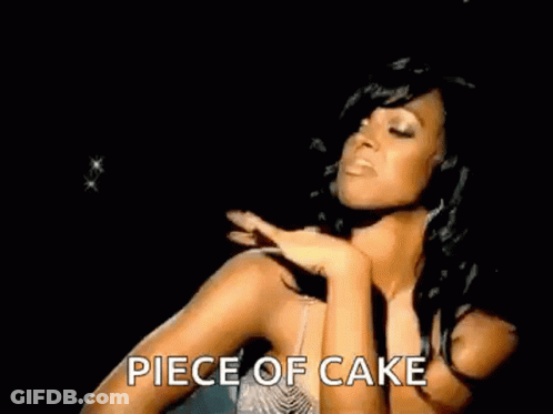 A Woman Is Dancing In A Dark Room With The Words `` Piece Of Cake '' Written On Her Face . GIF