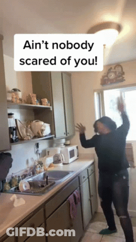 A Woman Is Dancing In A Kitchen With A Caption That Says Ain 'T Nobody Scared Of You GIF