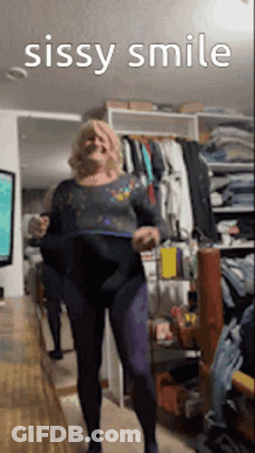 A Woman Is Dancing In A Room With The Words Sissy Smile Written Above Her . GIF