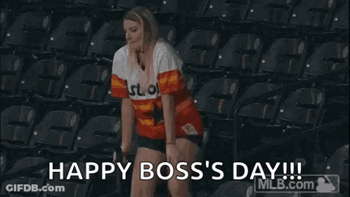 A Woman Is Dancing In A Stadium With The Words `` Happy Boss 'S Day ! '' GIF