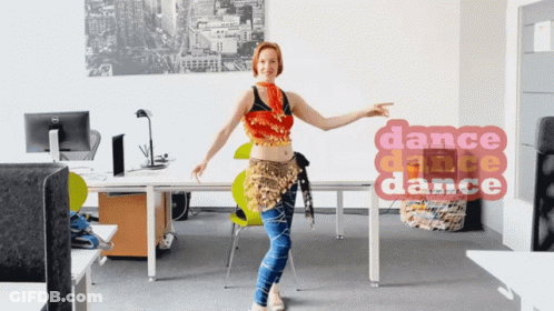 Woman Dancing In Office With Dance Words GIF