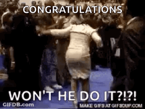 A Woman Is Dancing In Front Of A Crowd With The Words Congratulations Won 'T He Do It ? GIF