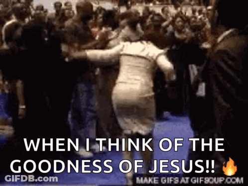 A Woman Is Dancing In Front Of A Crowd With The Words " When I Think Of The Goodness Of Jesus " GIF