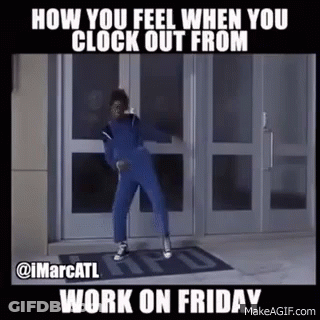 A Woman Is Dancing In Front Of A Door With The Caption How You Feel When You Clock Out From Work On Friday GIF