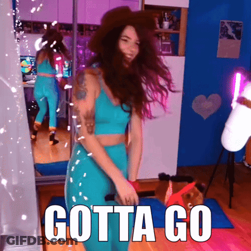 A Woman Is Dancing In Front Of A Mirror With The Words Gotta Go Written On It GIF
