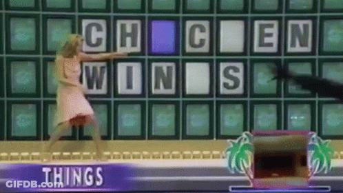 A Woman Is Dancing In Front Of A Wheel Of Fortune Board That Says " Chicken Wins " GIF