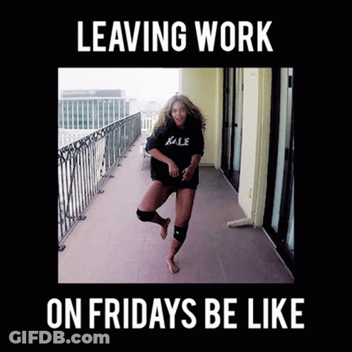 A Woman Is Dancing On A Balcony With The Words Leaving Work On Fridays Be Like GIF