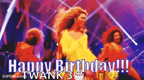A Woman Is Dancing On A Stage With The Words `` Happy Birthday !!! Twank 3 '' Written On It . GIF