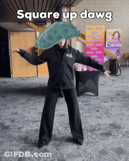 A Woman Is Dancing With A Turtle On Her Head And The Words Square Up Dawg On The Bottom GIF