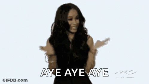 A Woman Is Dancing With Her Arms Outstretched And The Words Aye Aye Aye Above Her . GIF