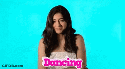 A Woman Is Dancing With Her Arms Outstretched In Front Of A Blue Background With The Word Dancing On It . GIF