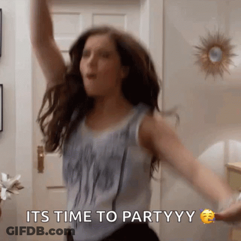 A Woman Is Dancing With The Words Its Time To Partyyy Written Below Her GIF