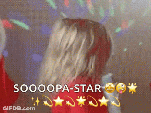 A Woman Is Dancing With The Words Soooopa-Star Surrounding Her GIF