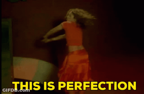 A Woman Is Dancing With The Words " This Is Perfection " Above Her GIF