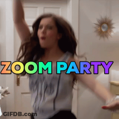 A Woman Is Dancing With The Words Zoom Party Written Above Her GIF