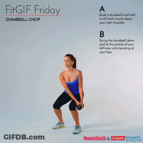 A Woman Is Doing A Dumbbell Chop Exercise For Women 'S Health GIF