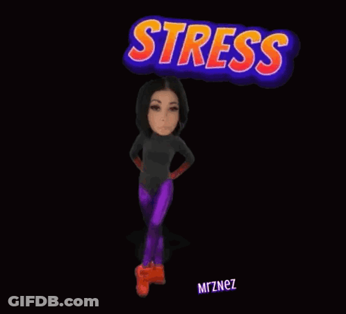 A Woman Is Doing A Split Under A Sign That Says " Stress " GIF