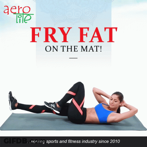 A Woman Is Doing Exercises On A Mat With The Words Fry Fat On The Mat GIF