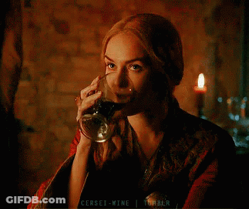 A Woman Is Drinking A Glass Of Wine And The Words Cersei-Mine Tumblr Are On The Bottom Of The Screen GIF