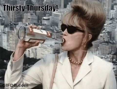 A Woman Is Drinking From A Bottle With The Words Thirsty Thursday Written On It . GIF