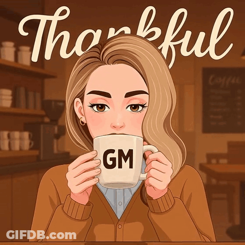 A Woman Is Drinking From A Mug With The Letter Gm On It GIF