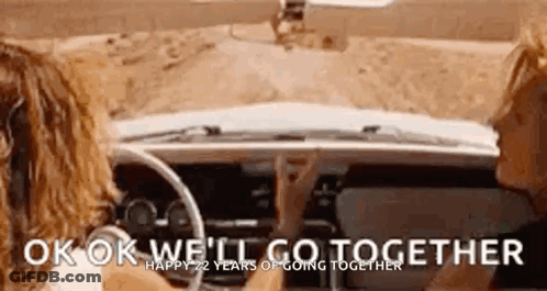 A Woman Is Driving A Car With The Words `` Ok We 'Ll Go Together '' On The Dashboard . GIF