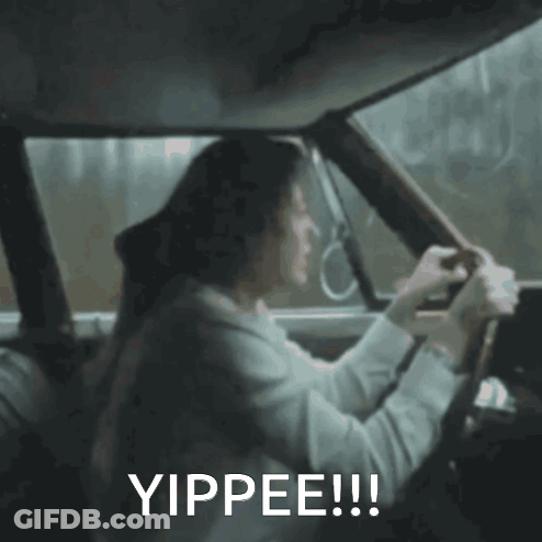 A Woman Is Driving A Car With The Words Yippee Written On The Bottom GIF