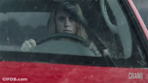 A Woman Is Driving A Red Car And The Word Crawl Is On The Windshield GIF