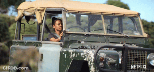 A Woman Is Driving A Vehicle That Says Netflix On The Side GIF
